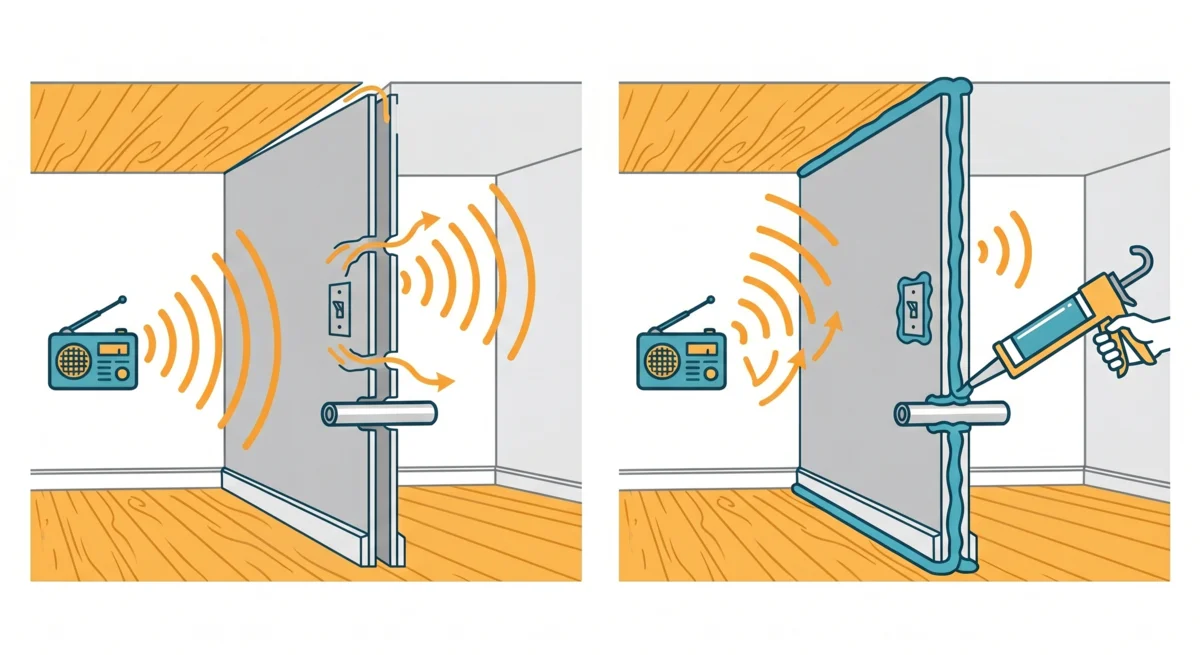Two-panel diagram. Left: an unsealed drywall partition leaks sound from a radio through gaps at the top plate, around an electrical box, and around a pipe penetration. Right: the same wall with a continuous bead of acoustic sealant applied with a caulk gun at the perimeter and around penetrations, blocking most of the sound transmission.