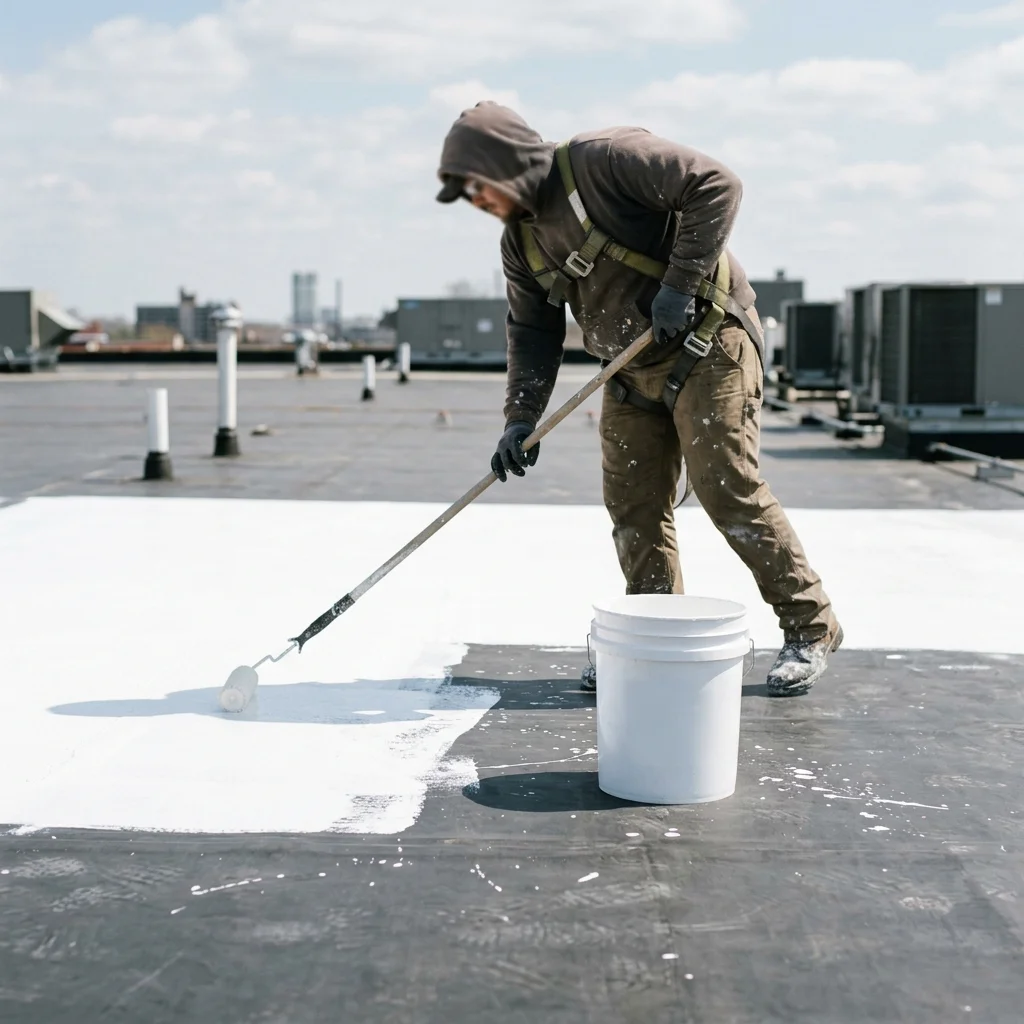 Roofer rolling water-based white acrylic roof coating onto a low-slope commercial roof