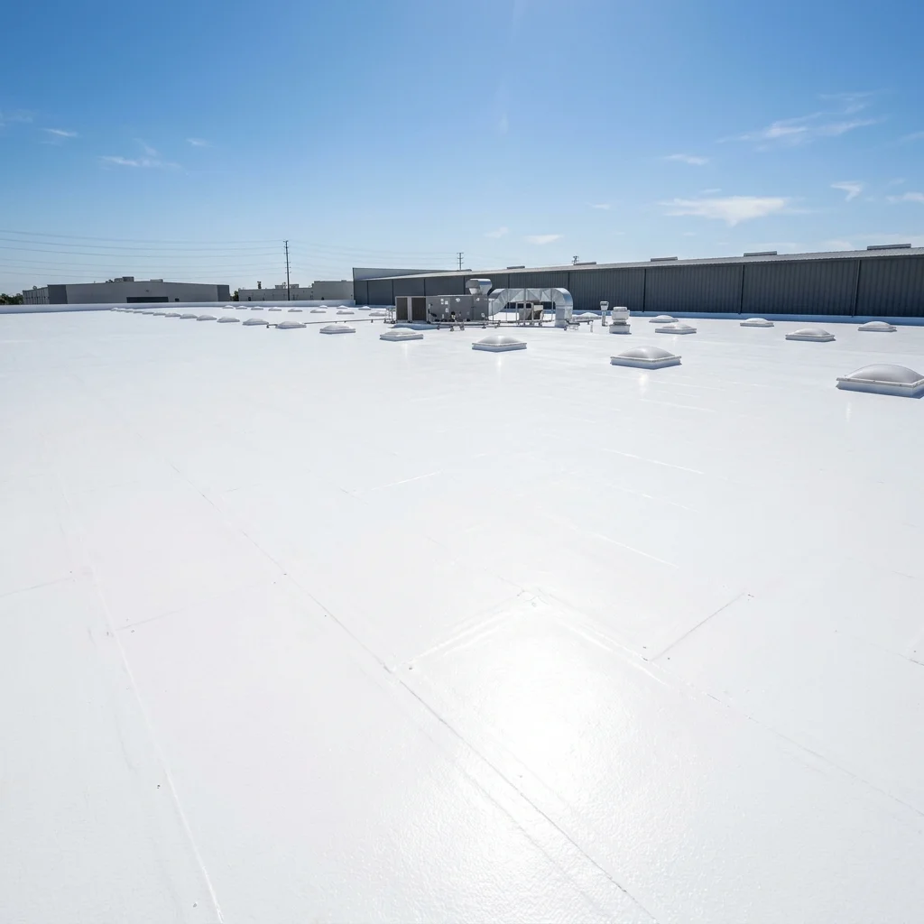Bright white acrylic cool-roof coating on a large low-slope commercial warehouse roof reflecting sunlight under a clear sky