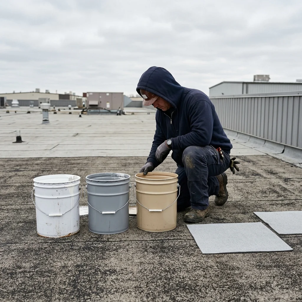 Roofing contractor comparing three roof coating options with sample boards on a flat commercial roof