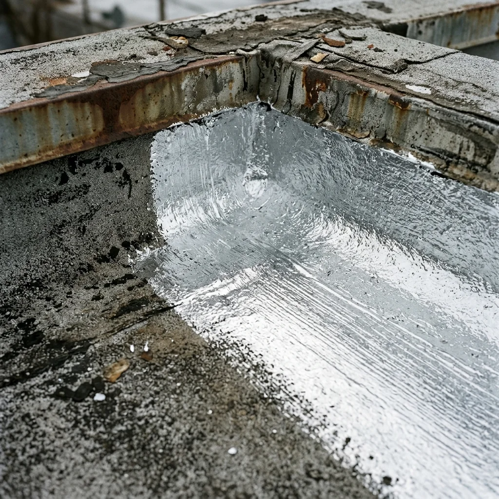 Close-up of silver aluminized aluminum-pigmented asphalt coating freshly applied on a built-up roof