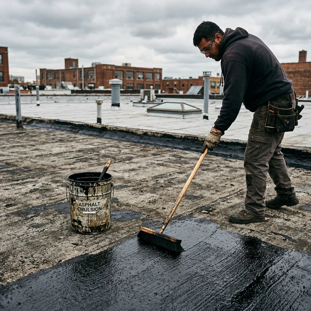 Roofer brushing black asphalt emulsion coating onto an aged built-up commercial roof