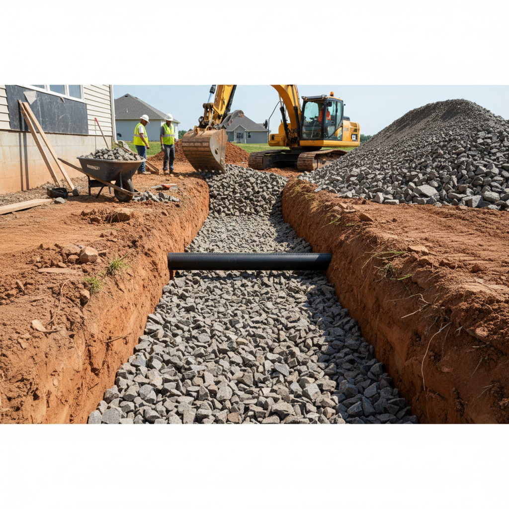 Heavy construction equipment on No. 2 stone subbase showing large 1.5 to 2.5 inch aggregate for drainage and foundation work