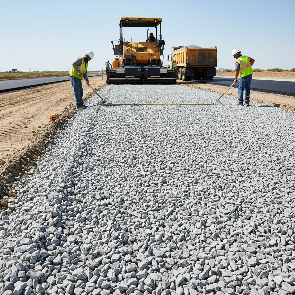 Workers spreading No. 57 stone for road base and drainage applications showing typical 3/4 to 1 inch aggregate size