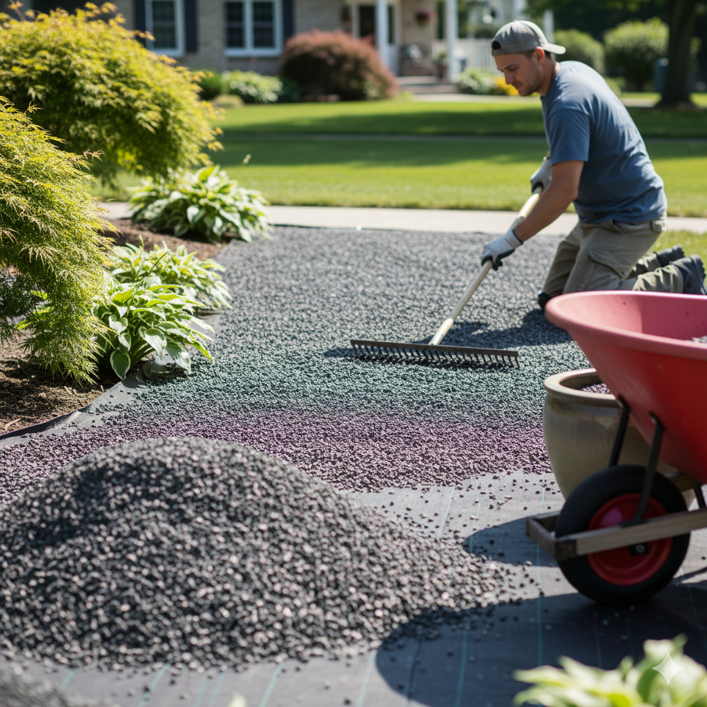 Homeowner applying No. 8 stone for landscaping and decorative pathway showing small 3/8 to 1/2 inch aggregate