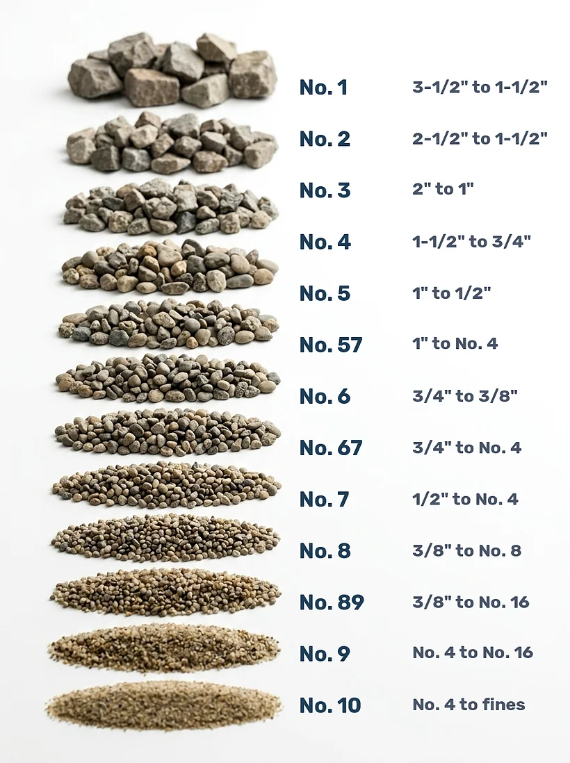 Photographic ladder of ASTM D448 stone sizes from largest to smallest: No. 1 (3-1/2 to 1-1/2 inch) chunky rock at the top, through No. 57 (1 inch to No. 4 sieve) medium gravel, down to No. 10 (No. 4 to fines) sand at the bottom, each pile labeled with its size number and sieve range