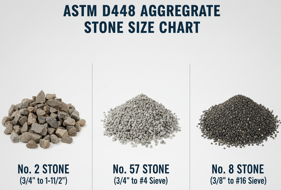 ASTM D448 stone size comparison chart showing No. 2 stone (3/4 to 1-1/2 inch), No. 57 stone (3/4 to #4 sieve), and No. 8 stone (3/8 to #16 sieve) side by side
