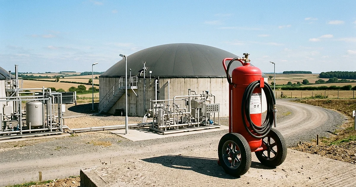 Red wheeled fire extinguisher with a coiled discharge hose staged on a concrete pad at a farm biogas facility, dome-topped anaerobic digester tank and stainless gas-upgrading skids behind it with open farmland in the distance