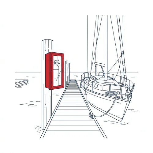 Marina dock with a red fire extinguisher cabinet mounted upright on a dock piling