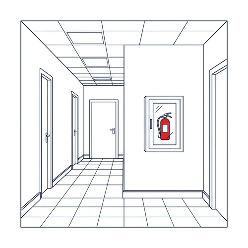 Office corridor with a recessed red fire extinguisher cabinet in the wall