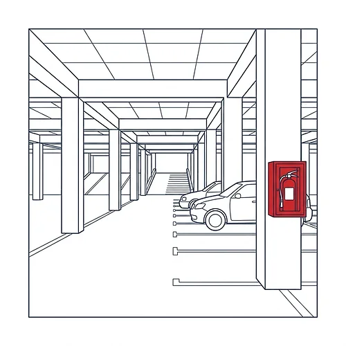 Concrete parking structure interior with a red surface-mounted fire extinguisher cabinet on a support column beside parked cars