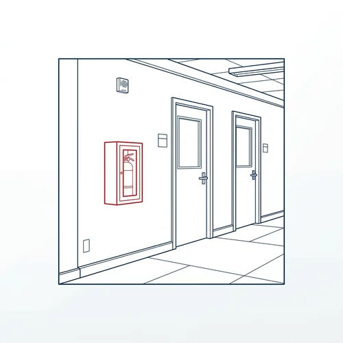 Small office hallway with a red fire extinguisher cabinet on the wall