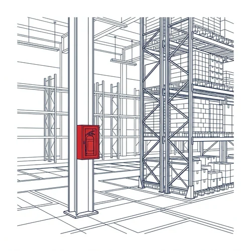 Warehouse aisle with a red fire extinguisher cabinet on a support column