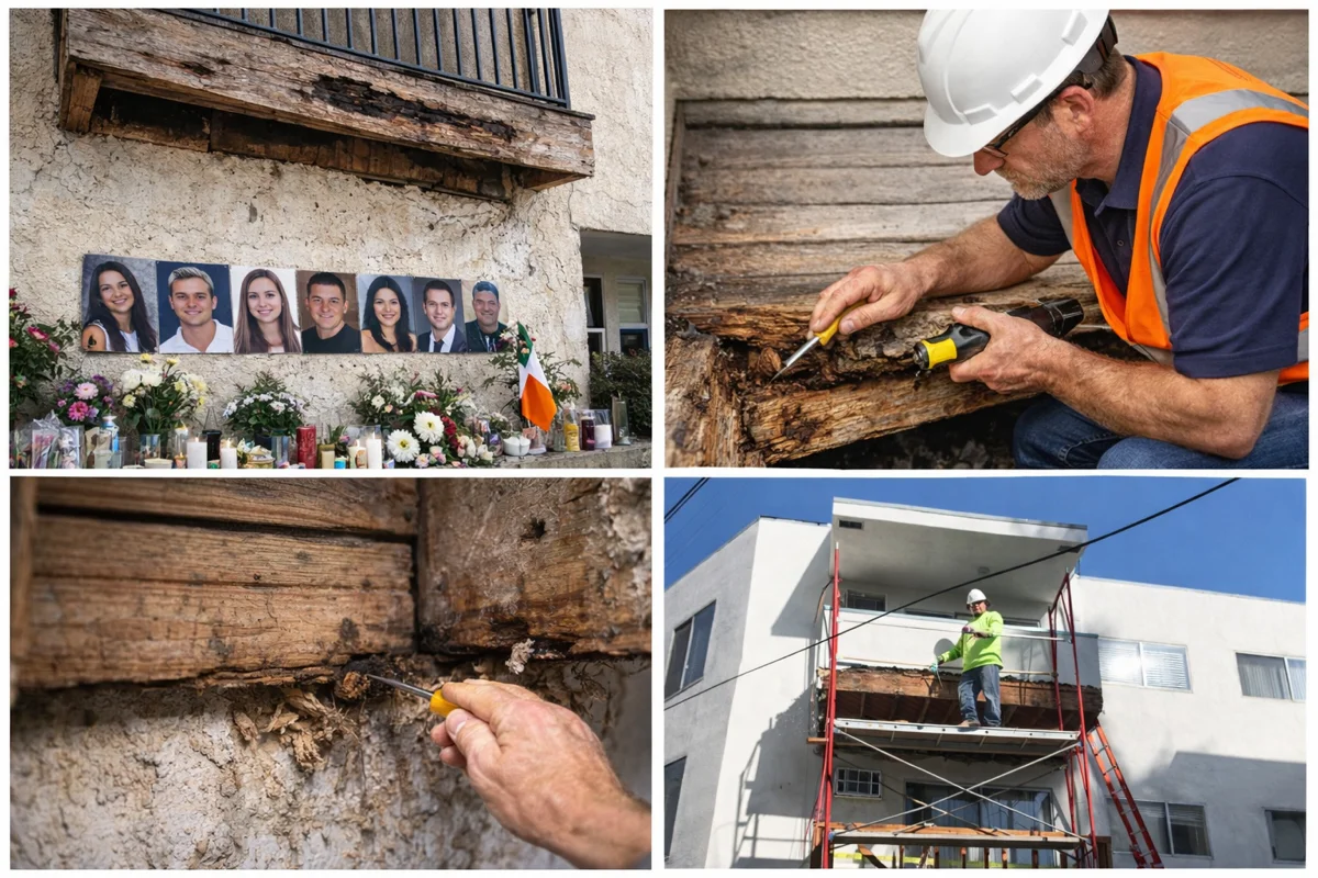 Berkeley balcony collapse memorial and inspectors examining wood rot damage in balcony structural members