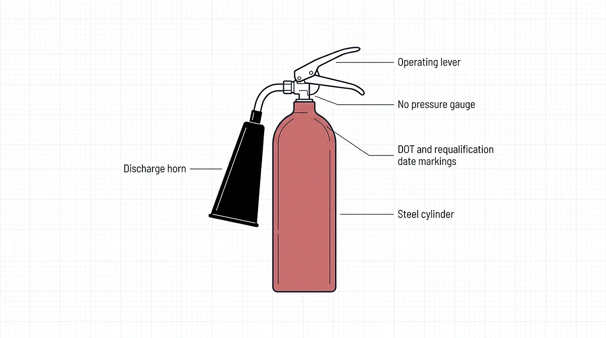 Labeled technical diagram of a CO2 fire extinguisher calling out the discharge horn, the operating lever, the bare valve neck with no pressure gauge, the steel cylinder, and the DOT and requalification date markings on the cylinder shoulder