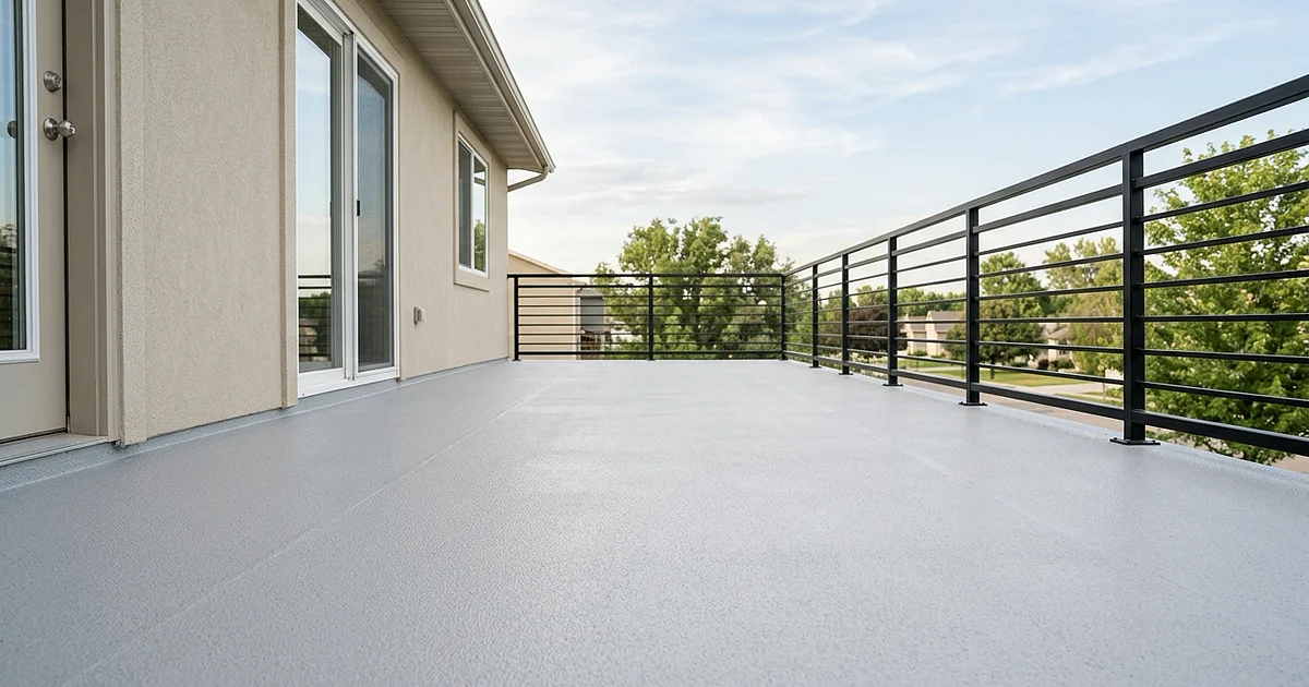 A freshly coated residential balcony deck with a smooth light-gray slip-resistant waterproof coating, a metal railing along the edge, and a stucco building wall, under clear daylight