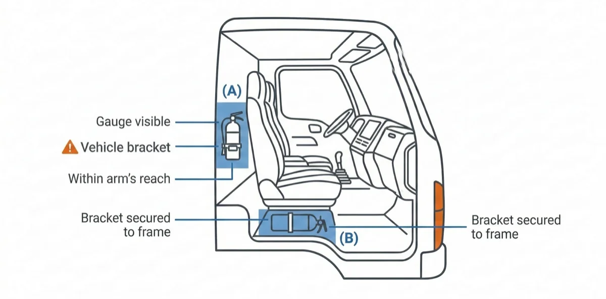 Cross-section of a truck cab interior showing two recommended fire extinguisher mounting positions: (A) behind the driver's seat on the cab wall and (B) under the passenger seat, with callouts for gauge visibility, vehicle bracket, and arm's reach