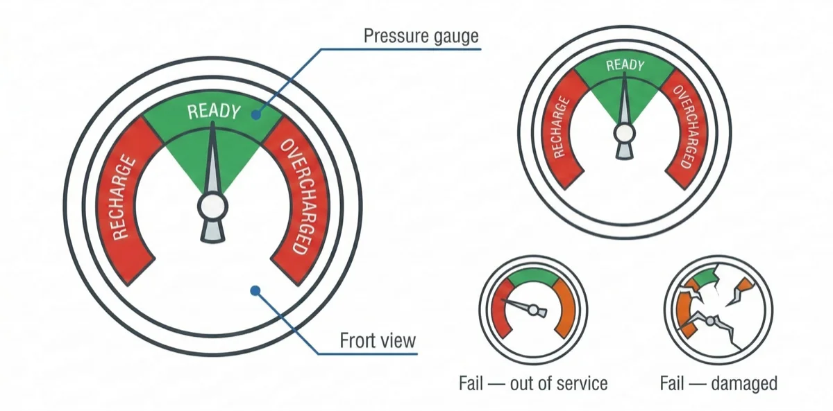Fire extinguisher pressure gauge diagram showing three zones: RECHARGE (red), READY (green), and OVERCHARGED (red), with two failure examples   — needle in recharge zone and a cracked gauge