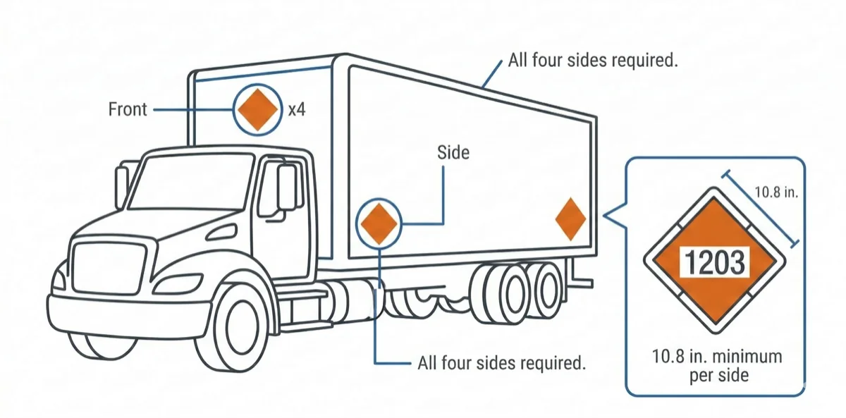 Three-quarter view of a box truck showing hazmat placard positions on front, side, and rear with callout showing 10.8-inch minimum diamond size and UN number 1203