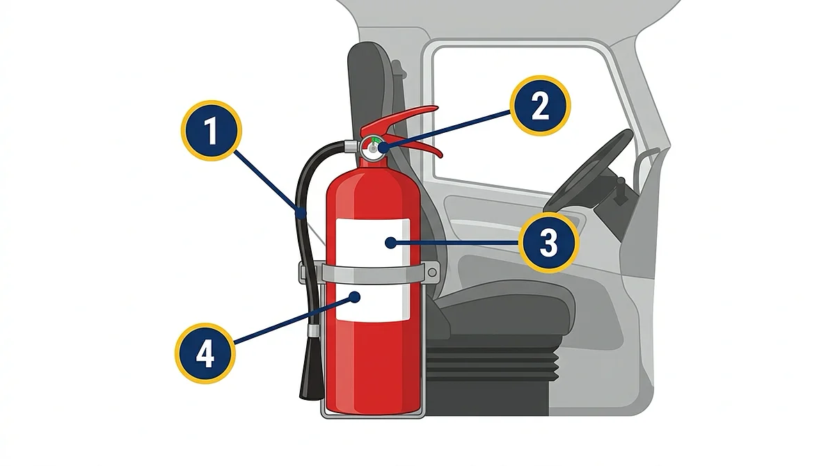 Flat illustration of a red portable fire extinguisher secured in a mounting bracket beside a commercial truck driver's seat, with four numbered callouts marking the monthly check points: mounting bracket, pressure gauge, cylinder body, and front label