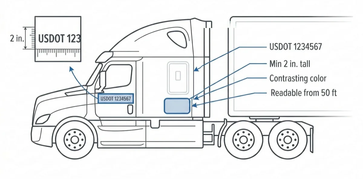 Diagram showing USDOT number placement on a semi-truck cab door with callouts for minimum 2-inch height, contrasting color, and 50-foot readability requirements