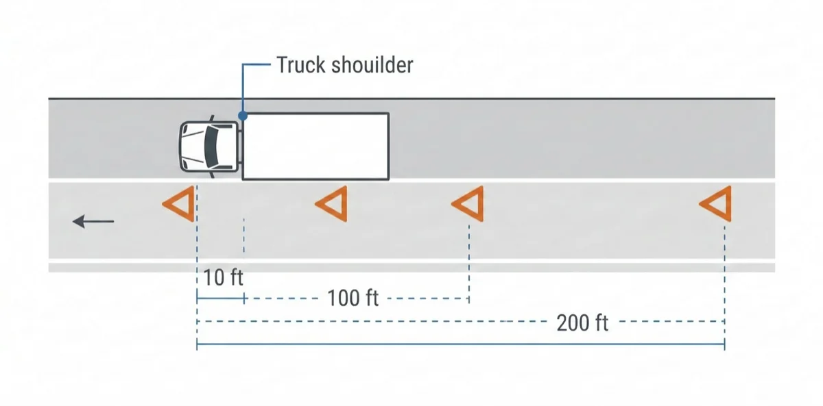 Bird's-eye diagram showing reflective triangle placement behind a stopped truck: 10 feet, 100 feet, and 200 feet from the rear of the vehicle on a highway shoulder