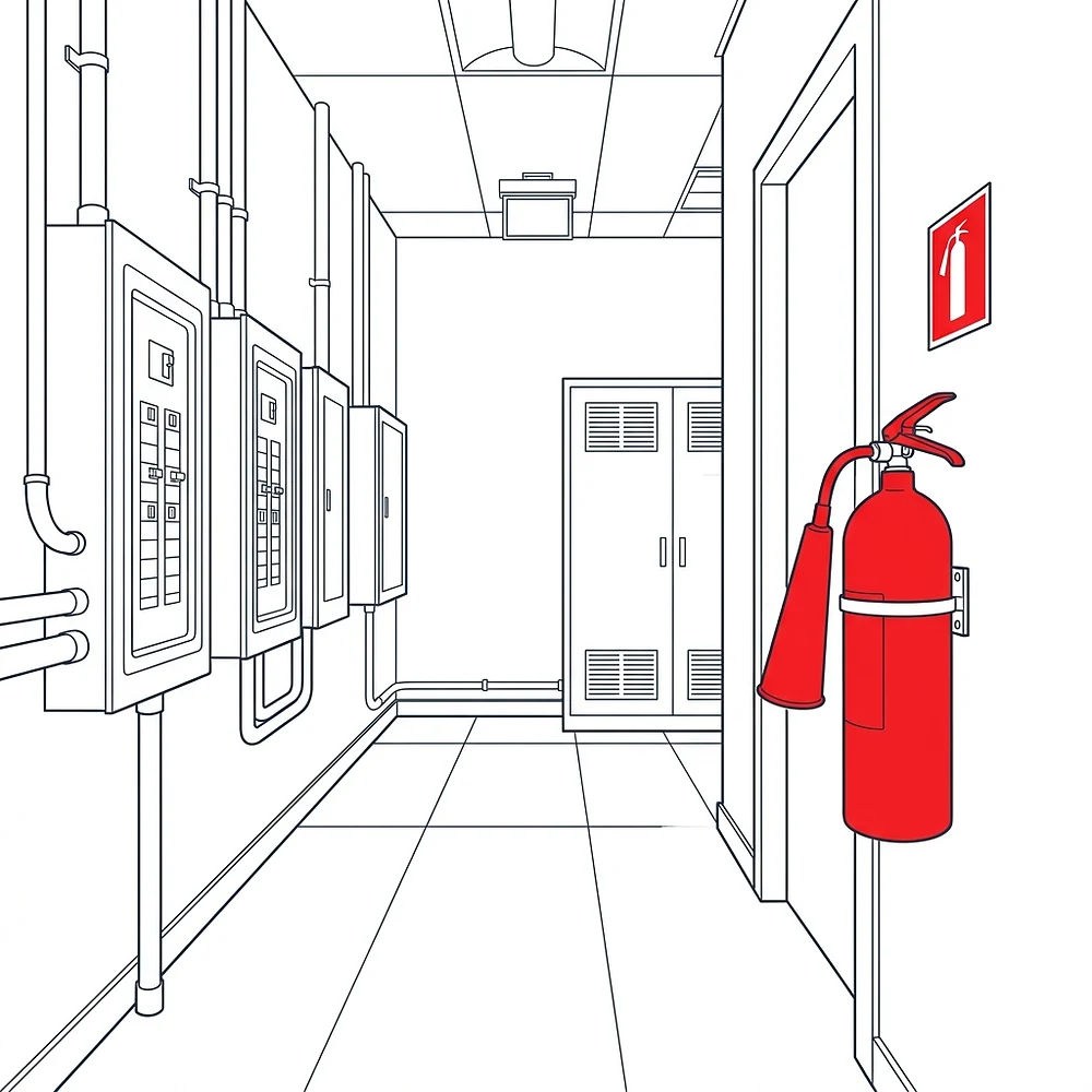 Line illustration of an electrical room with breaker panels and a red CO2 fire extinguisher, identified by its cone-shaped horn, mounted on a bracket beside the doorway