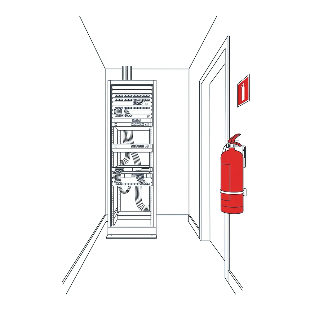 Line illustration of an IT wiring closet with a network patch-panel rack and a red fire extinguisher bracket-mounted beside the doorway beneath a red location sign