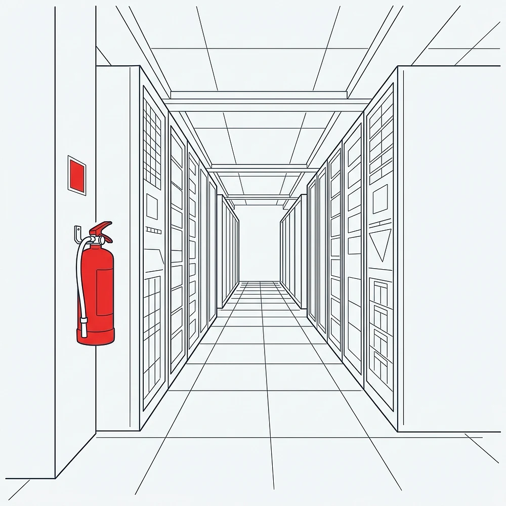 Line illustration of a data-center aisle between two rows of server racks, with a red clean-agent fire extinguisher bracket-mounted on the wall at the aisle entrance