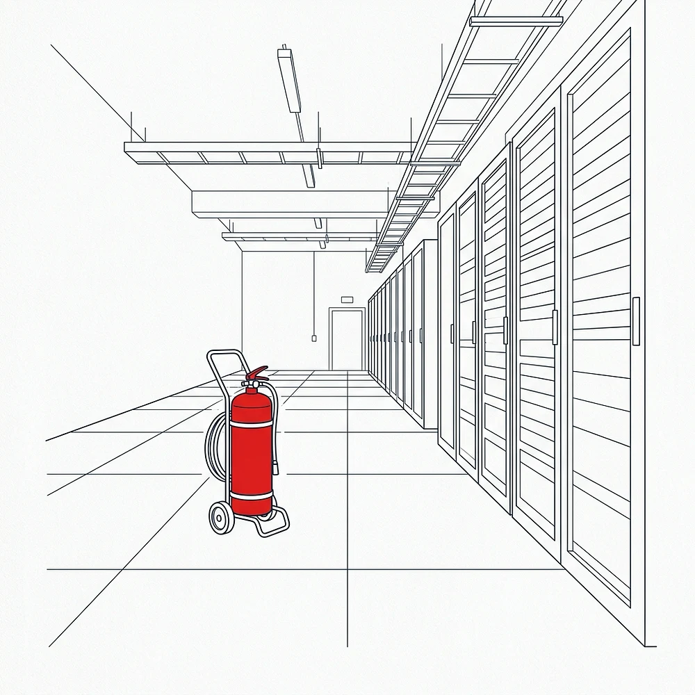 Line illustration of a large data hall with a long row of server racks and a red wheeled Halotron fire extinguisher on a two-wheel cart staged in the open floor area