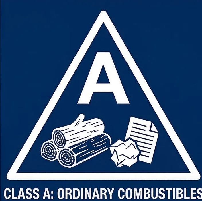 Class A fire symbol — triangle with letter A and icons of wood and paper, representing ordinary combustibles