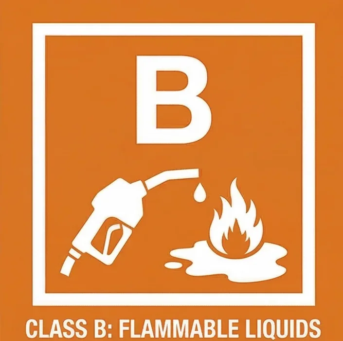 Class B fire symbol — square with letter B and icons of a fuel nozzle and flames, representing flammable liquids