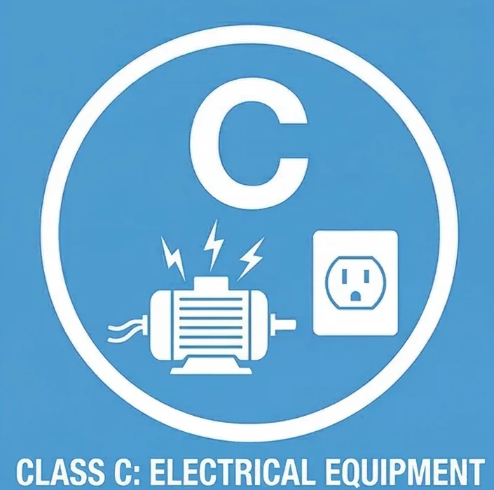 Class C fire symbol — circle with letter C and icons of a motor and outlet, representing electrical equipment