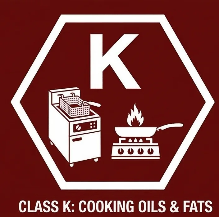 Class K fire symbol — hexagon with letter K and icons of a stove and flaming pan, representing cooking oils and fats