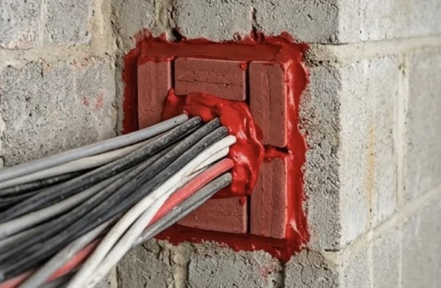 Red firestop sealant and mineral wool packing around electrical cables passing through a concrete block wall penetration