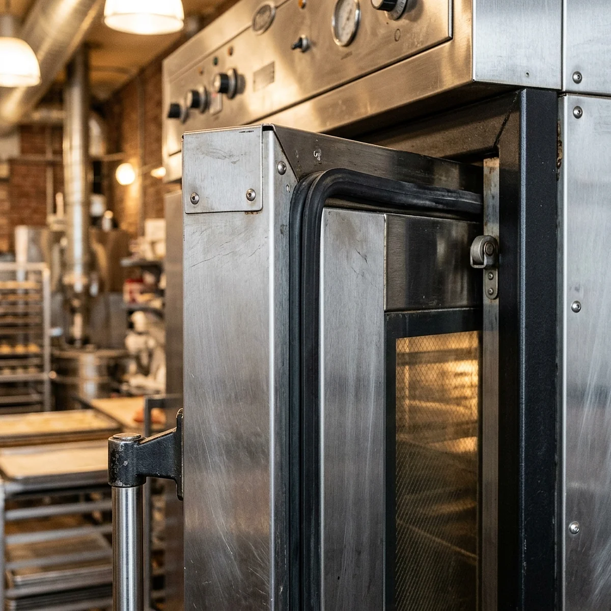 Stainless commercial bakery oven door open to show the gasket frame where the door seals against the oven body, with proofing racks visible in the background