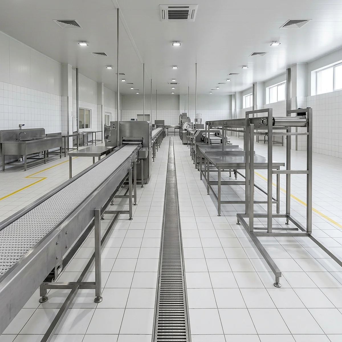 Clean empty stainless steel food-processing production line with white tile floor and a center drainage channel after sanitation