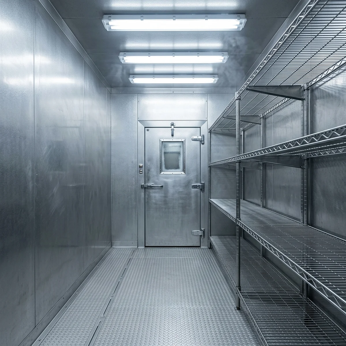 Empty commercial walk-in cooler interior with stainless steel panel walls, wire shelving, and an insulated door at the far end