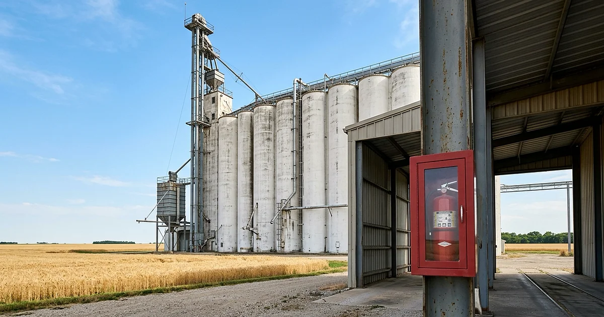 Red fire extinguisher cabinet with a clear window mounted on a steel column at a covered truck load-out bay, tall white concrete grain silos and a bucket-elevator headhouse rising behind a golden wheat field