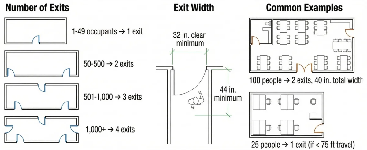 IBC Chapter 10 egress quick reference diagram showing number of exits required by occupant count, minimum exit and corridor widths, and common examples for restaurants and offices