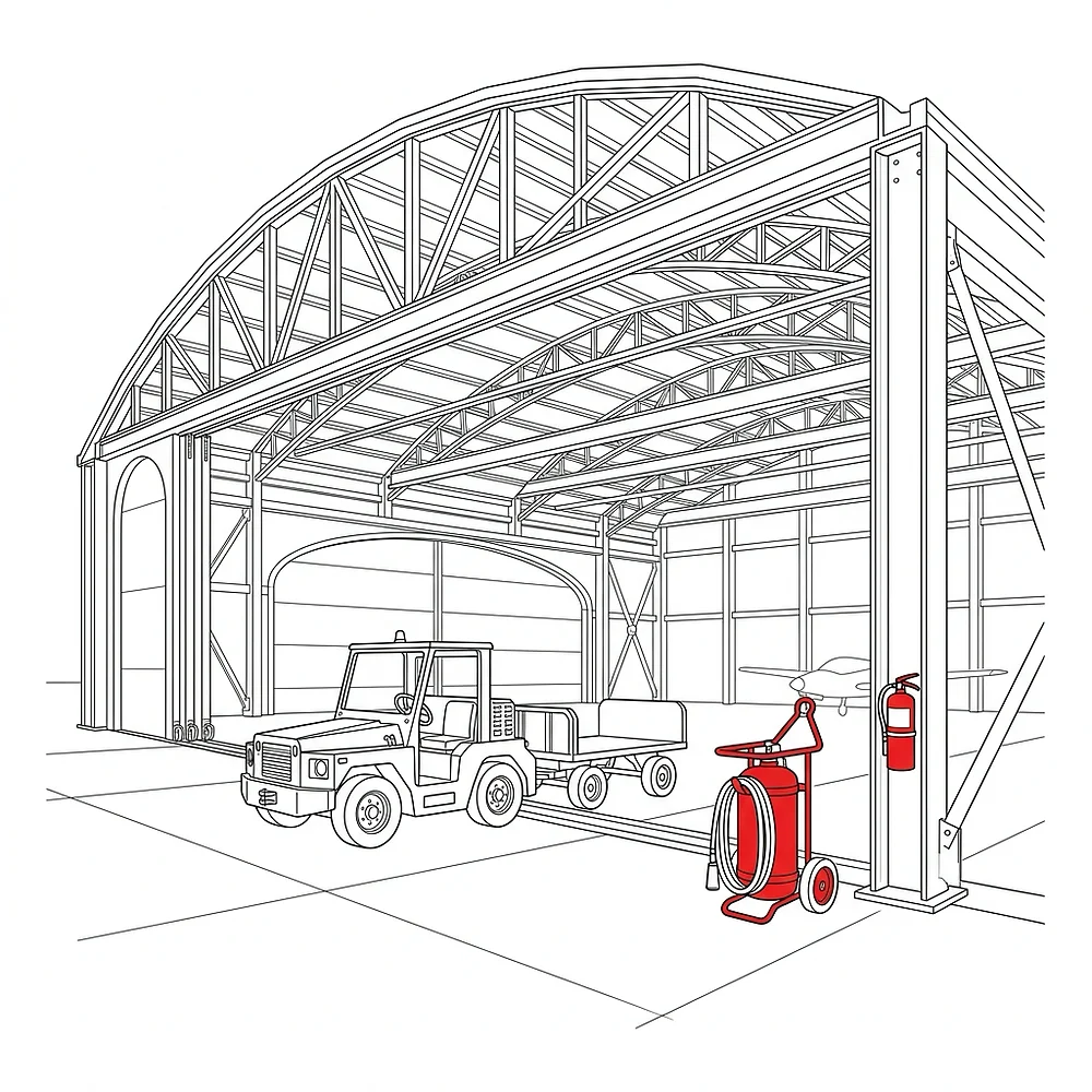 Line drawing of a hangar with a red wheeled fire extinguisher on the floor and a red portable extinguisher in a wall bracket