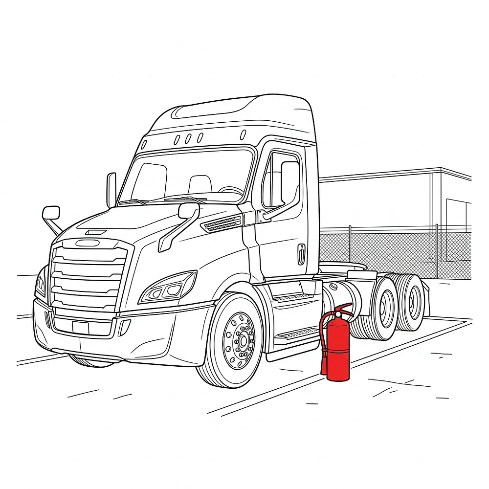 Line drawing of a commercial semi-truck at a depot with a red fire extinguisher on the ground beside the cab