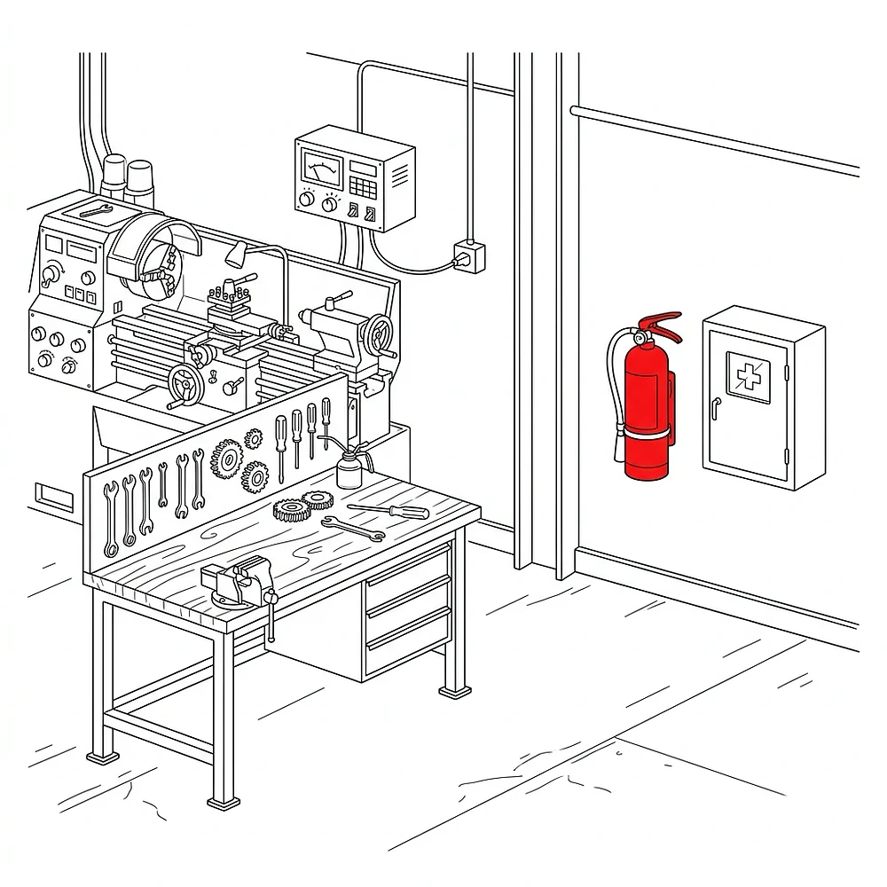 Line drawing of a factory machine shop with a red fire extinguisher and a first-aid cabinet mounted on the wall