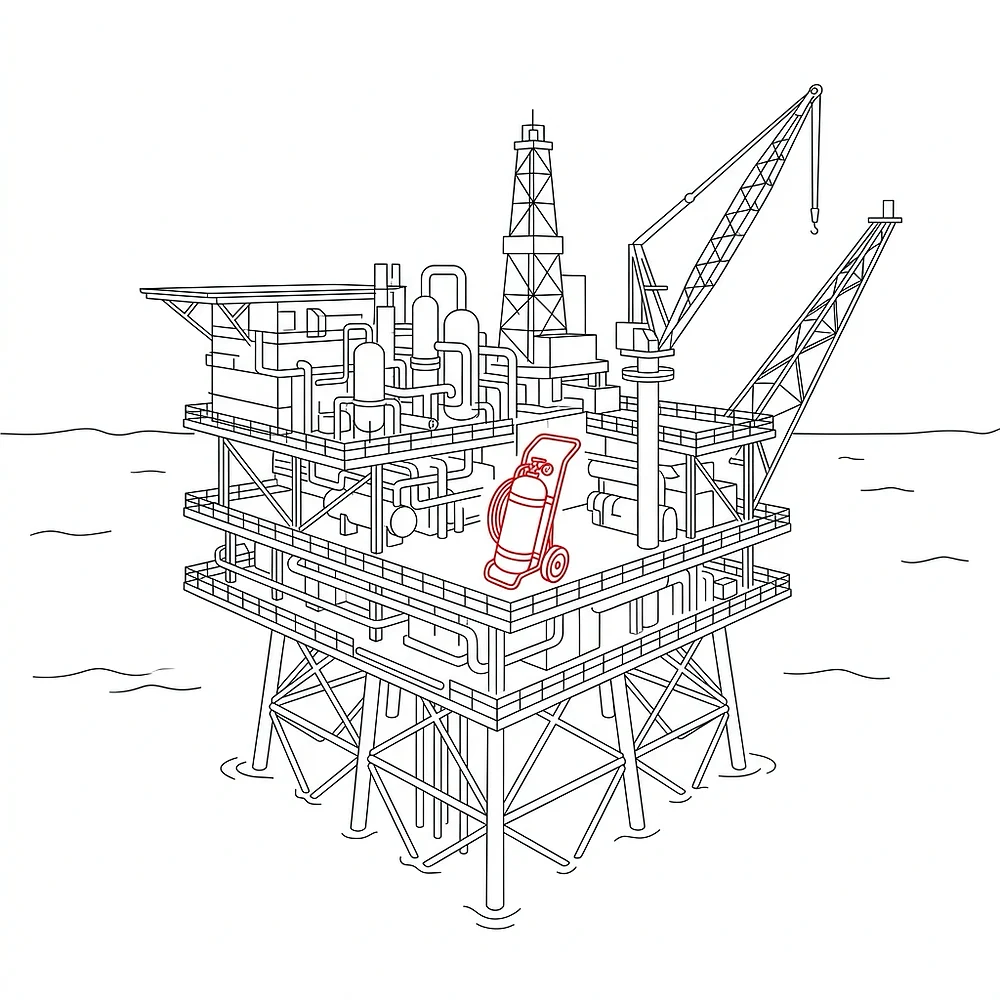 Line drawing of an offshore oil and gas platform with a red wheeled fire extinguisher standing on the deck