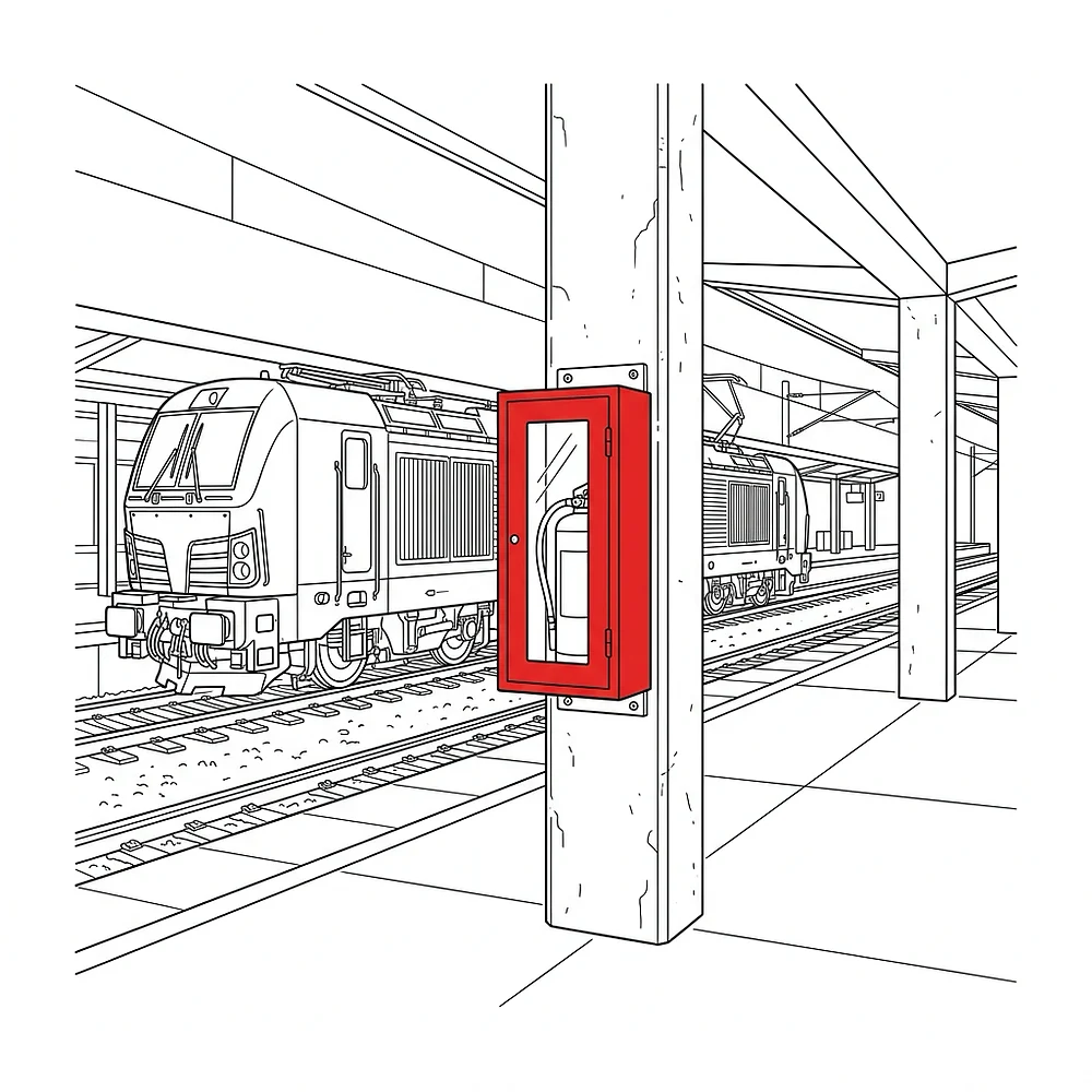 Line drawing of a locomotive at a station platform with a red fire extinguisher cabinet mounted on a pillar