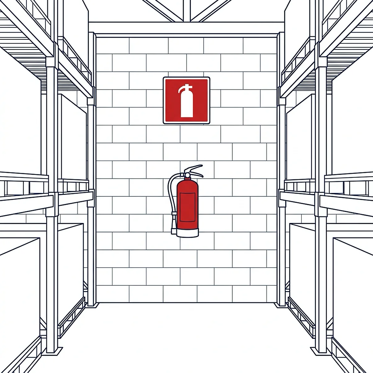 Line-art illustration of a warehouse wall between tall pallet racking with a red fire extinguisher on a wall bracket and a square red fire extinguisher location sign mounted above it