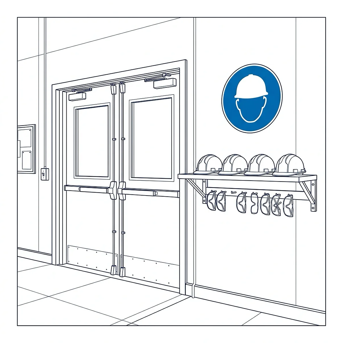Line-art illustration of a factory floor entrance with double doors and a PPE station holding hard hats and safety glasses, with a round blue mandatory hard-hat sign posted above the station