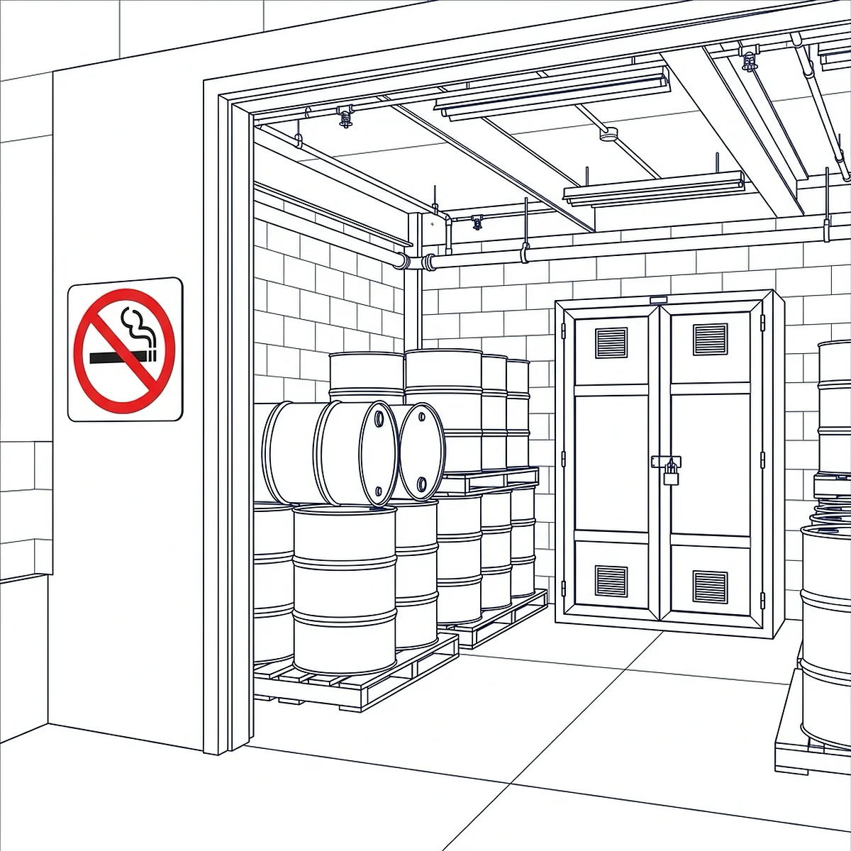 Line-art illustration of a flammable liquids storage room with steel drums on pallets and a locked storage cabinet, with a round red no-smoking prohibition sign posted on the wall beside the doorway