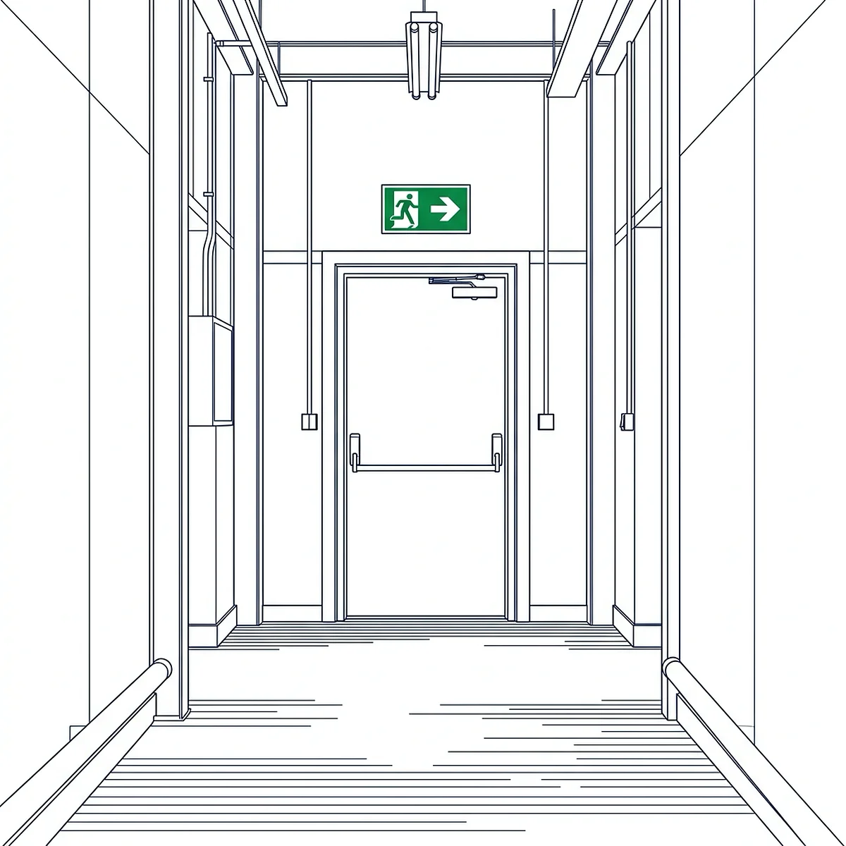 Line-art illustration of a warehouse corridor ending at an emergency exit door with a push bar, with a green rectangular emergency exit sign showing a running figure and arrow mounted above the door