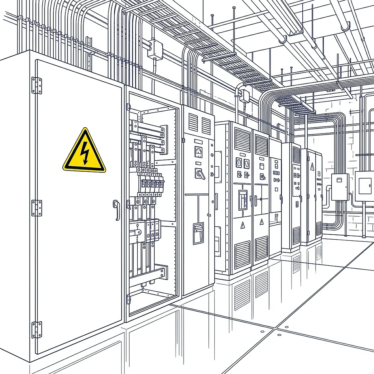 Line-art illustration of an industrial electrical room with rows of switchgear cabinets and overhead cable trays, with a yellow triangular electrical hazard warning sign posted on the nearest cabinet door